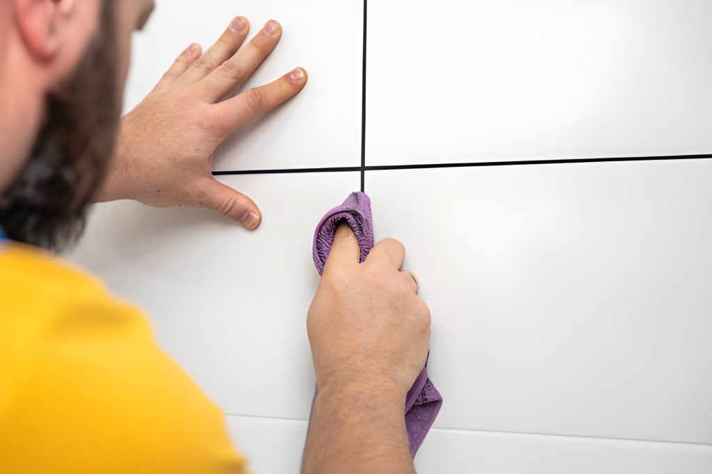 Tile and grout cleaning in Vero Beach FL with technician scrubbing white ceramic wall tiles using a purple cloth.