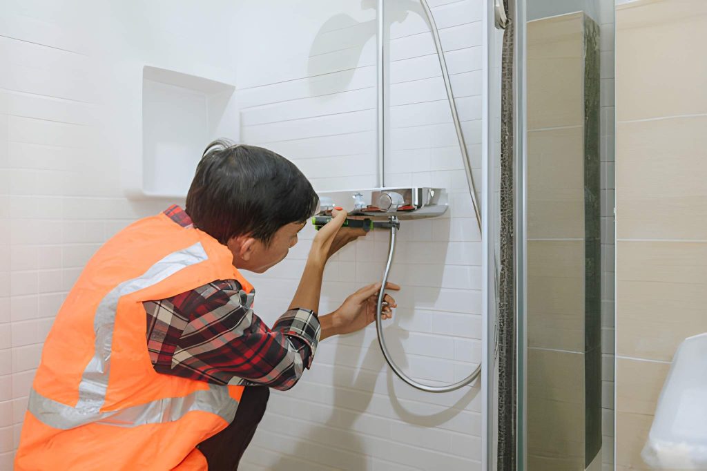 Plumber in safety vest repairing shower valve—Shower repair Melbourne service