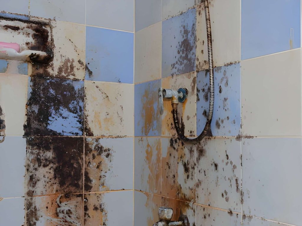 Shower repair near me—mold-stained tiles and corroded fittings showing water damage.