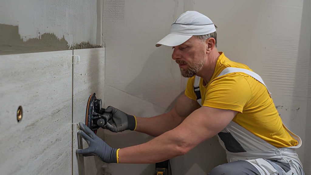 Regrouting service in Port St Lucie technician positioning wall tile with suction lifter during renovation.